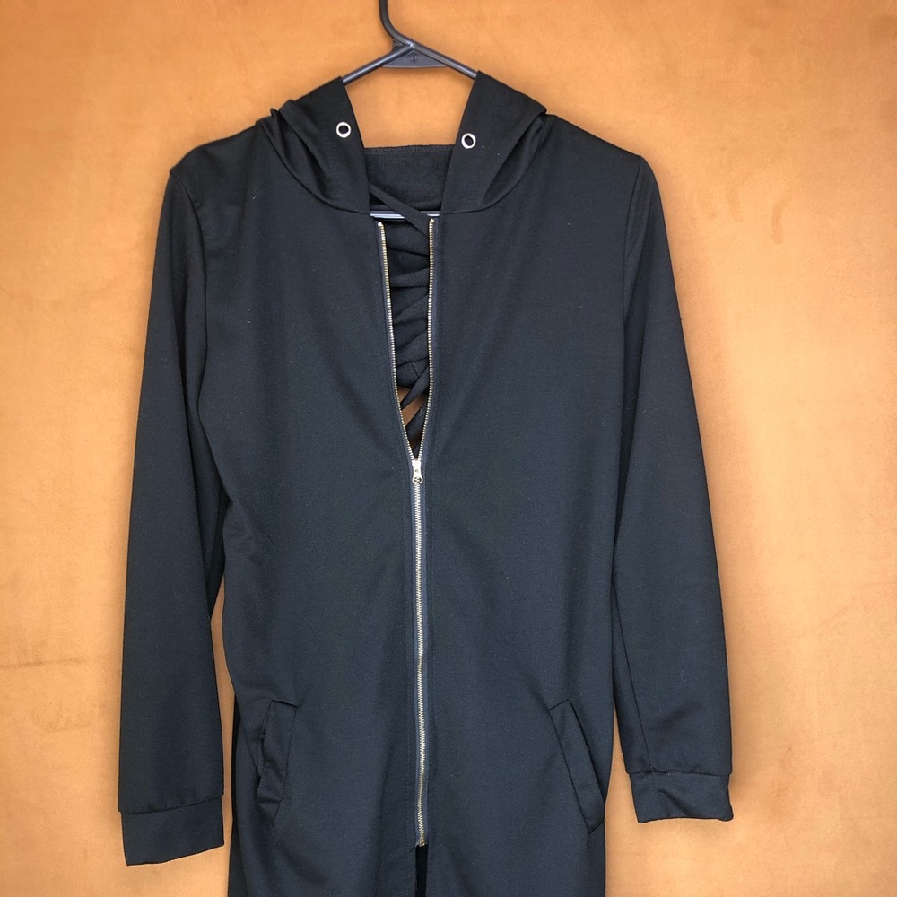 Long ripped back hooded zip up sweatshirt/coverup
